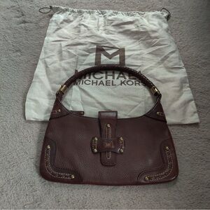 Michael Kors Dark Brown Shoulder Bag Pebble Leather Brass Hardware Braided Strap